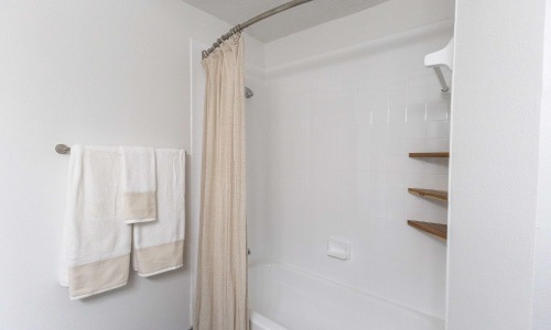 Bathroom with a shower-tub combination and built-in shelving