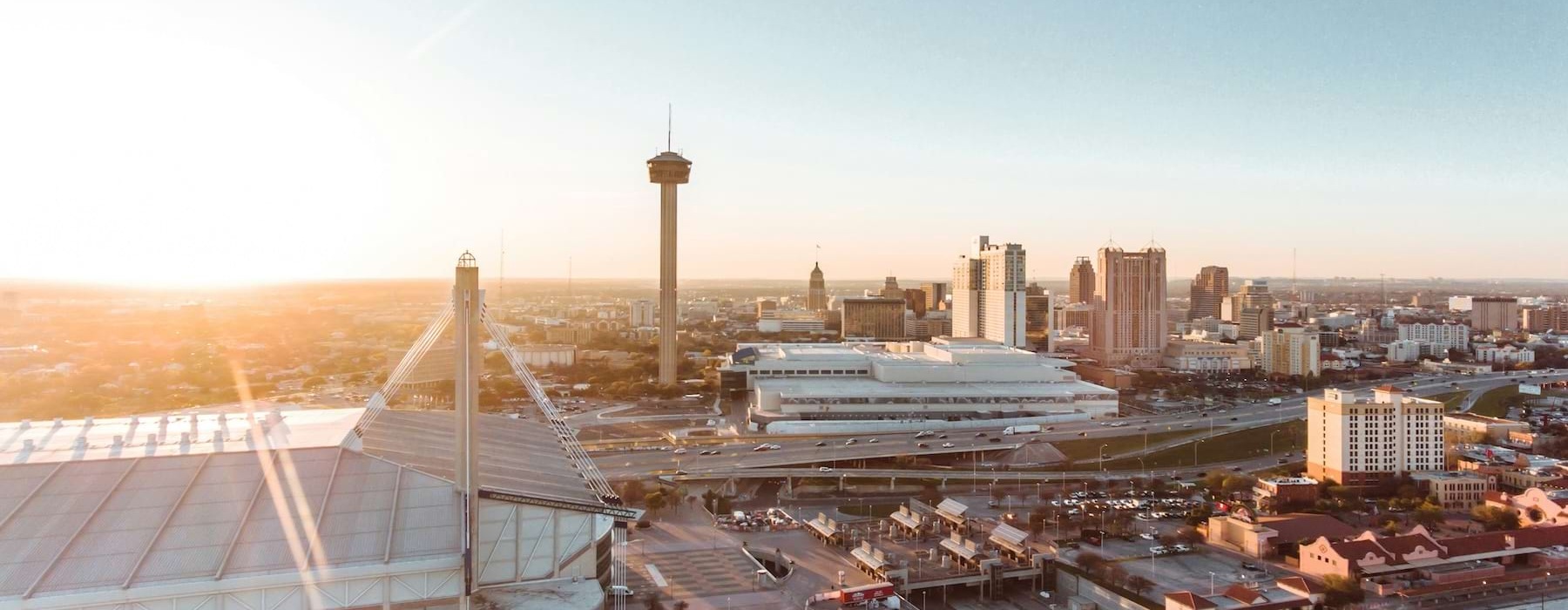 aerial view of a city at dusk