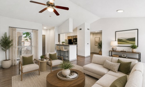 Staged open-concept living room and kitchen in a Preserve at Westover Hills apartment